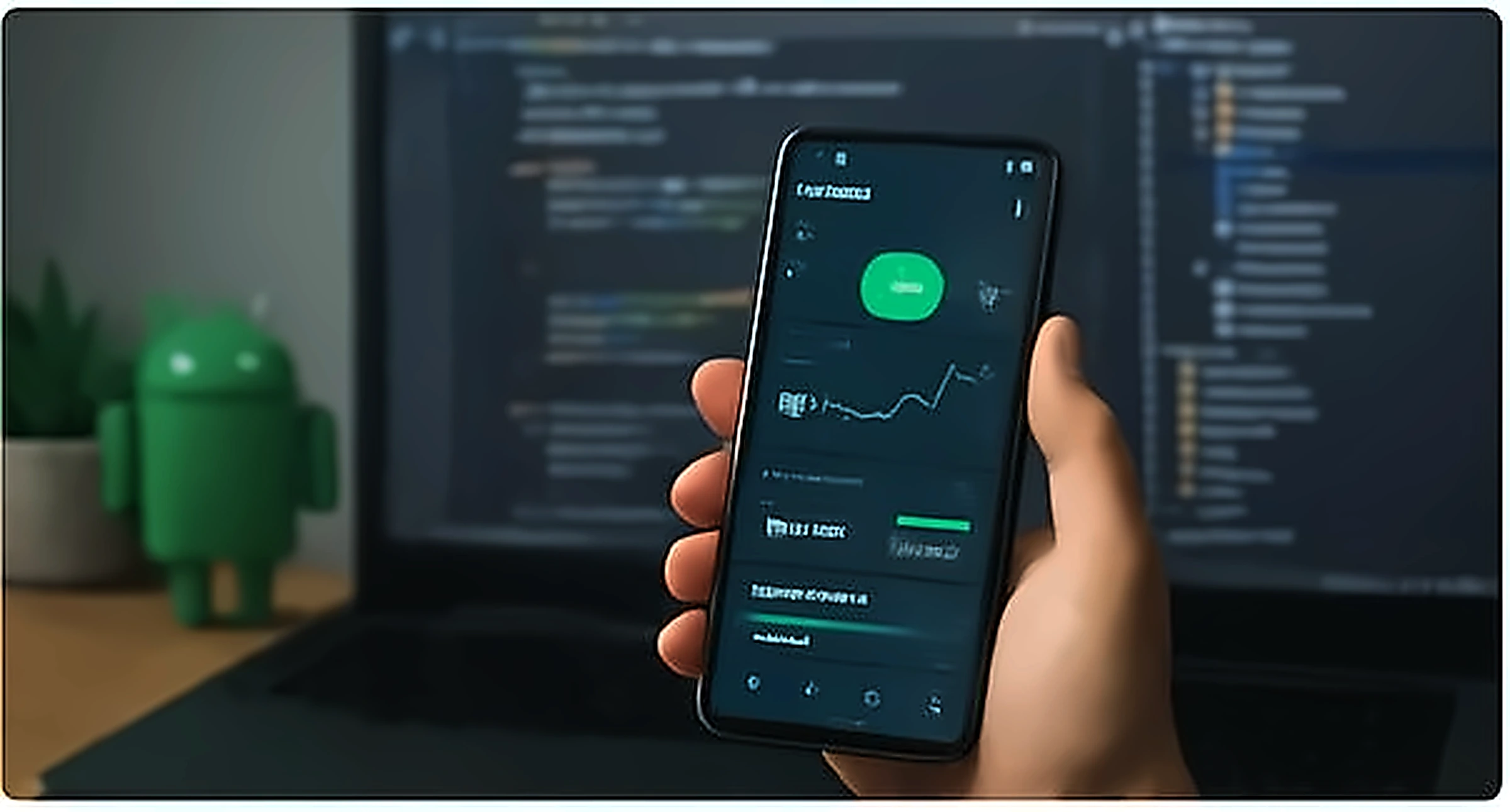 Photorealistic Android app development hero—phone UI, Android Studio, modern workspace